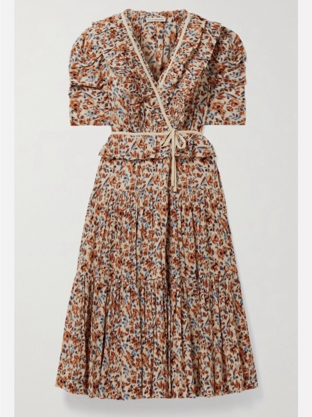 Ulla Johnson - Brown, Cream & Blue Floral Wrap Midi Dress